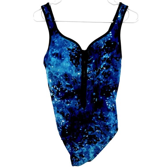Miraclesuit So Riche Zip Code One Piece Swimsuit Sweetheart Beach Blue Black 12 - Picture 1 of 5